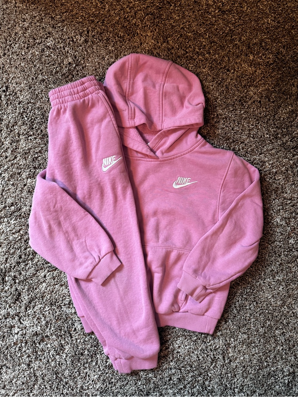 Nike Pink Fleece Hoodie Set with White Swoosh